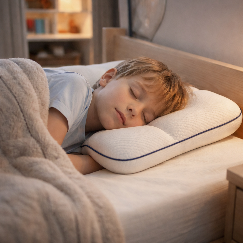 Child sleeping peacefully on the Novara ergonomic kids pillow